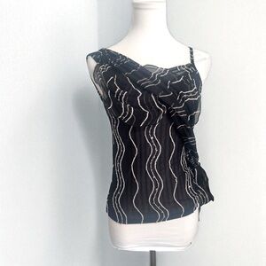Y2K Ruched Mesh Top — Asymmetrical Drape & Sheer Waves sequins sparkly XS/S goth